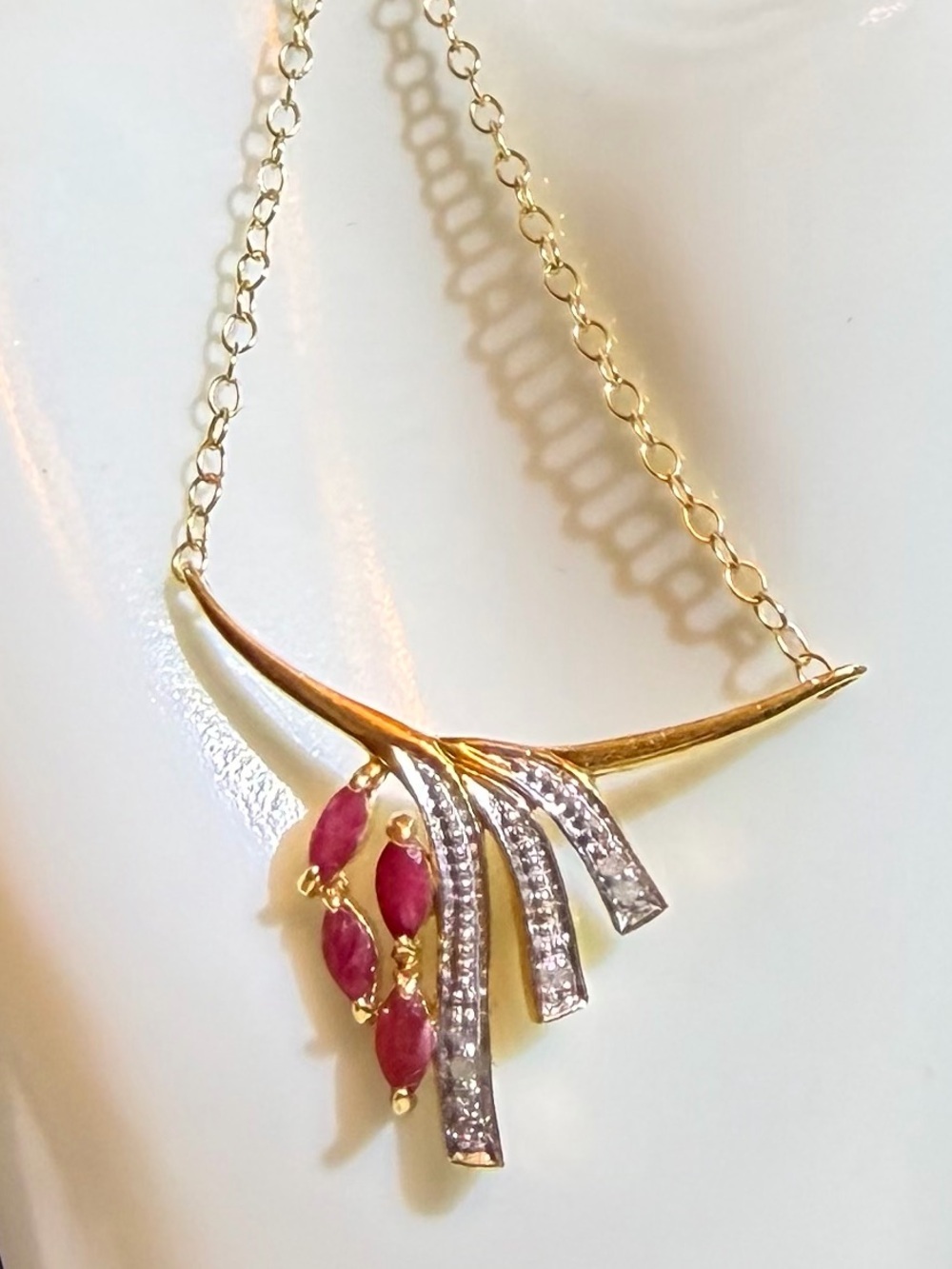 18K Gold Over Sterling Silver Ruby & Diamond Pendant Necklace 18” 0.06CTW